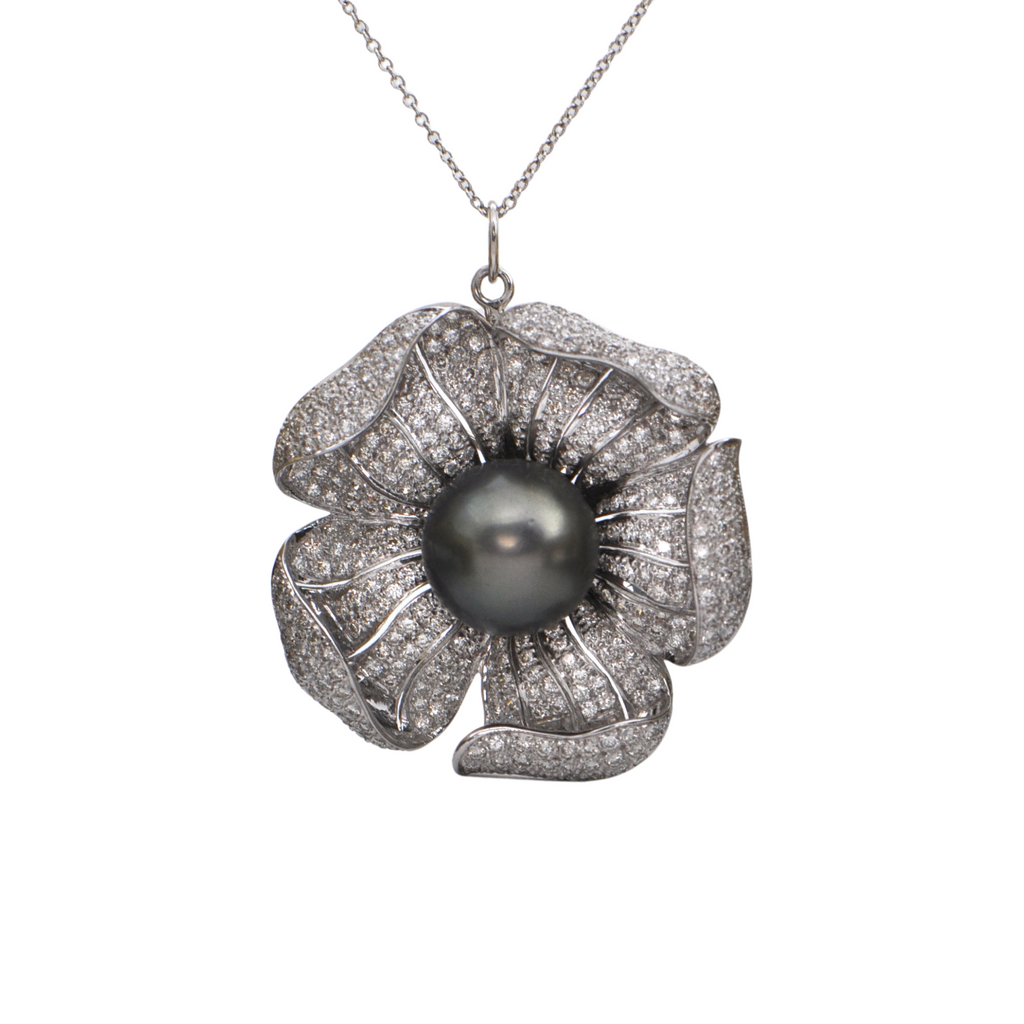 Vintage Diamond and Tahitian Pearl Flower Brooch/Pendant + Montreal Estate Jewelers