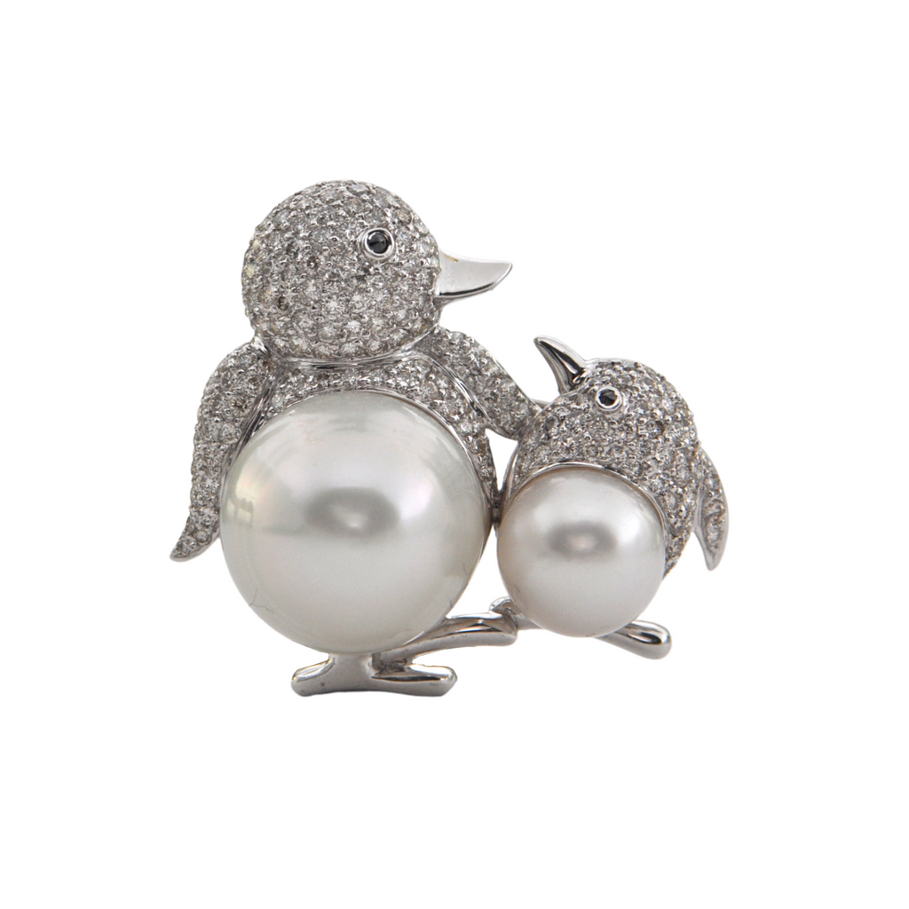 Diamond and South Sea Pearl Penguin Brooch 18k +Montreal Estate Jewelers