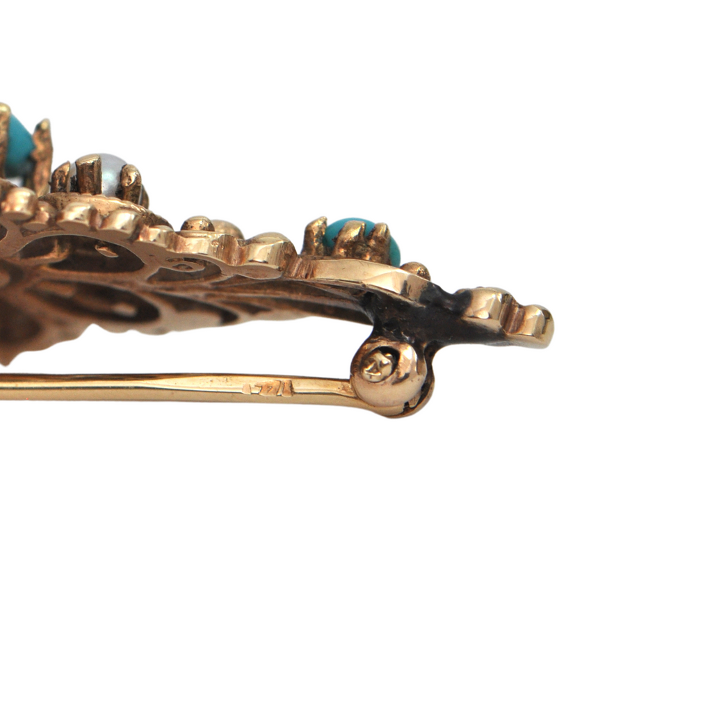 Retro Turquoise & Seed Pearl Brooch in 14k Yellow Gold + Montreal Estate Jewelers