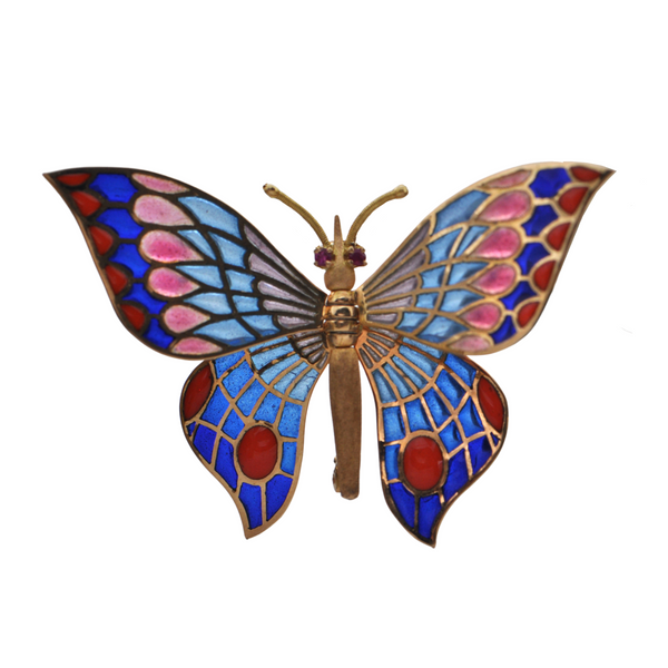 18k Birks Ruby and Plique-À-Jour Enamel Articulated Butterfly Brooch C.1970's + Montreal Estate Jewelers