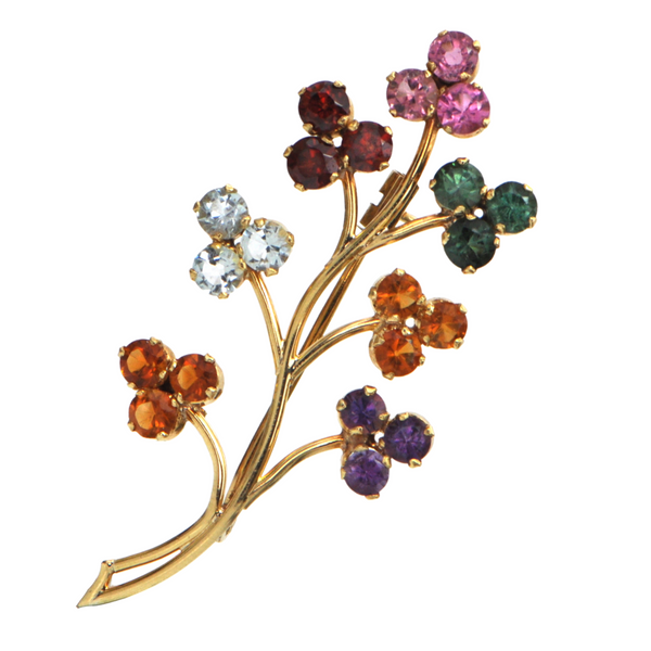 Vintage Multi-Gemstones Floral 18k Gold Branch Brooch + Montreal Estate Jewelers