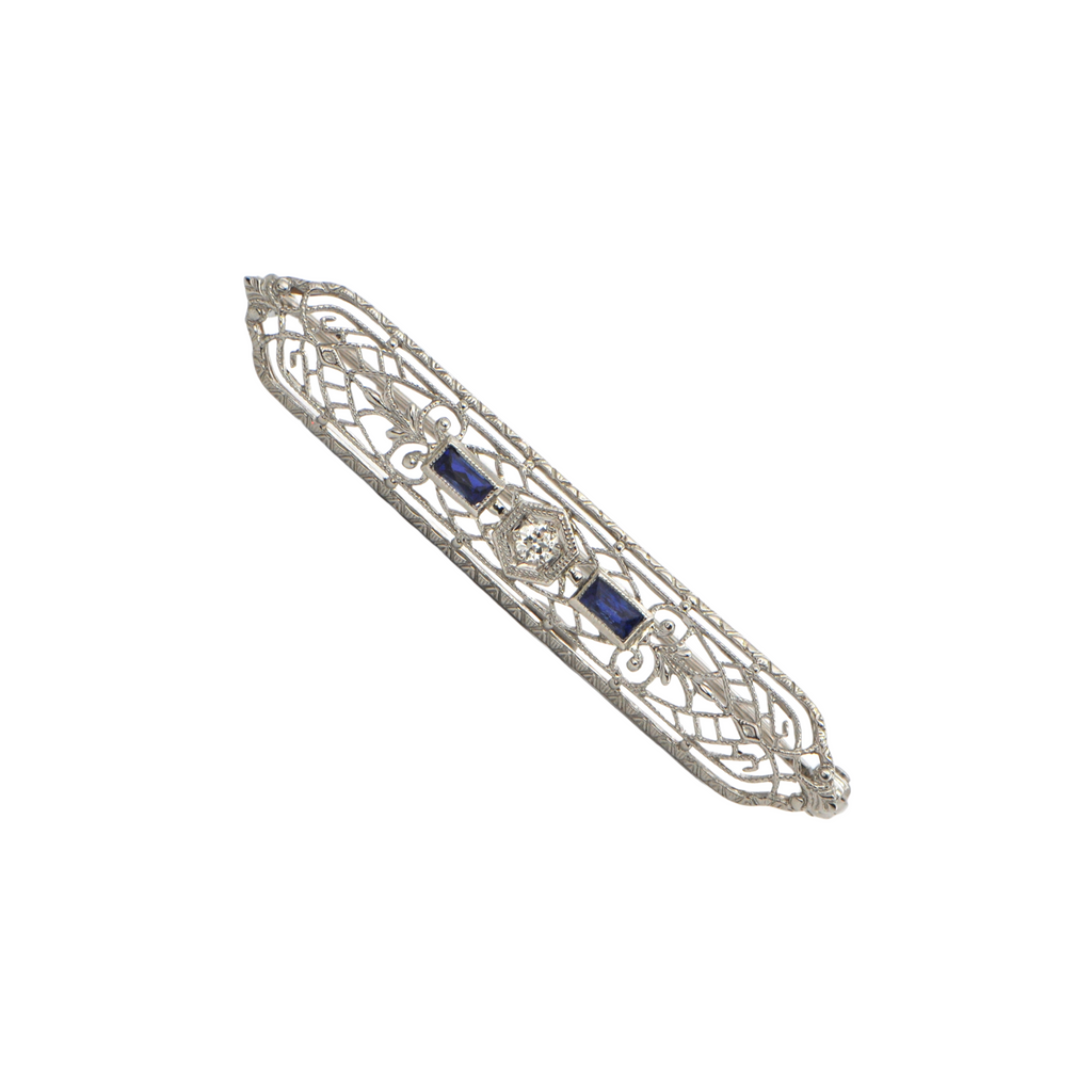 Early Art Deco Diamond and Synthetic Sapphire 14K Gold Bar Pin