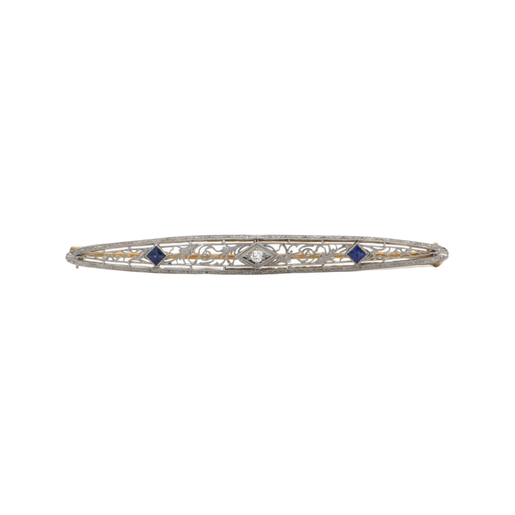 Late Edwardian Diamond and Sapphire 14k Gold Bar Pin + Montreal Estate Jewelers