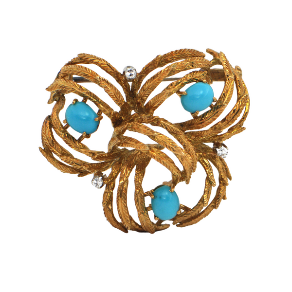 Retro Italian Turquoise and Diamond 18K Gold Brooch + Montreal Estate Jewelers