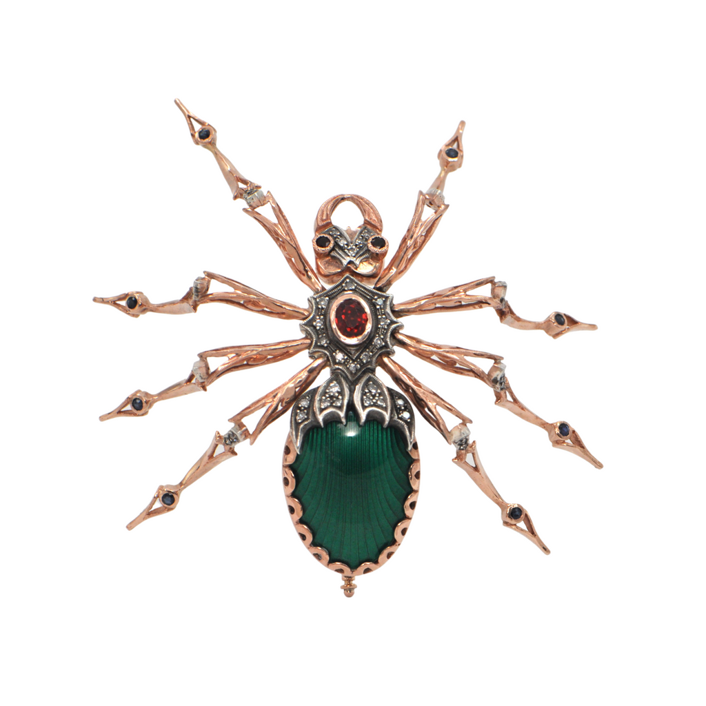Reproduction Russian Gold Guilloche Enamel Spider Brooch circa 1980-1990 + Montreal Estate Jewelers