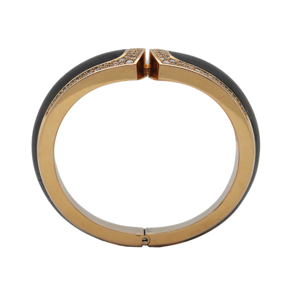 Estate Signed 'Binder' Modernist Diamond & Wood 18K Gold hinged Cuff bracelet (C.1990) + Montreal Estate Jewelers