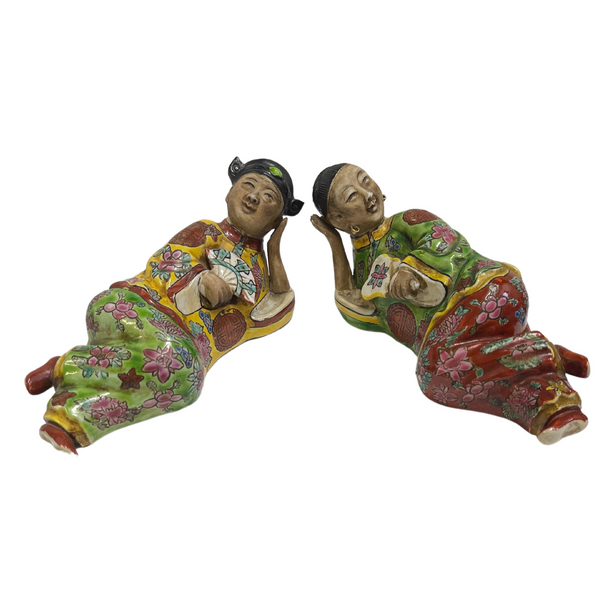 Late 19th Century Pair of Chinese Porcelain Reclining Opium Smokers + Montreal Estate Jewelers
