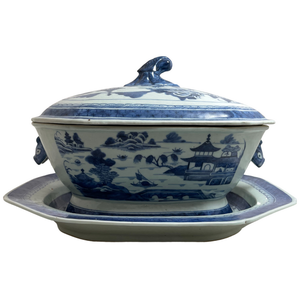 Chinese Blue & White 'Diana Cargo' Shipwreck Tureen, Cover, and Stand C.1826