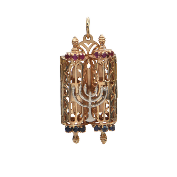 Vintage Multi-Gemstone 14K Two-Toned Gold Torah Scroll Charm + Montreal Estate Jewelers