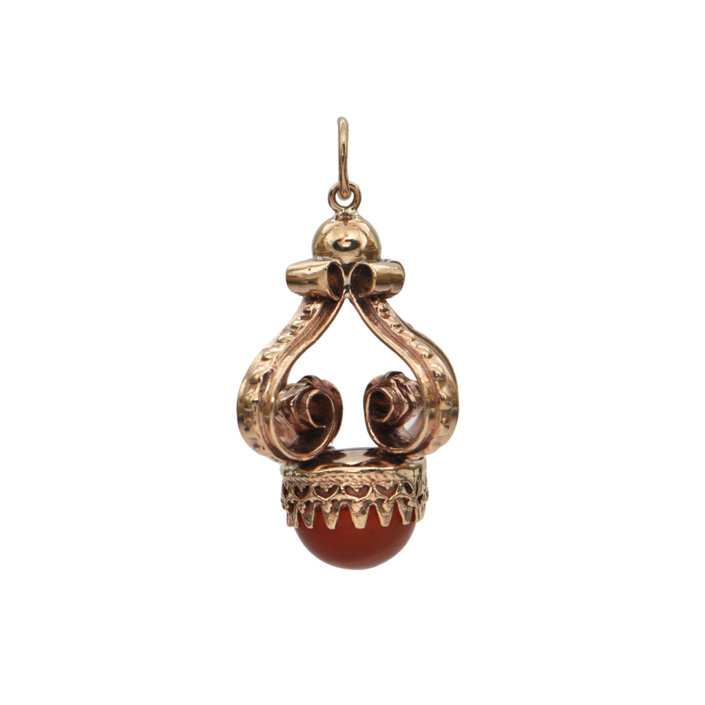 Mid-Century Etruscan Revival Carnelian 10K Gold Fob Charm/Pendant + Montreal Estate Jewelers