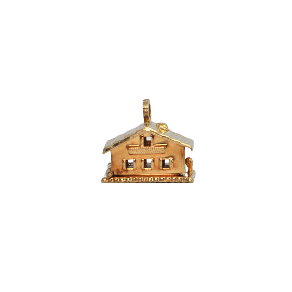 Vintage hinged 18K Yellow Gold Cabin with Enamelled Hearts Inside Charm + Montreal Estate Jewelers