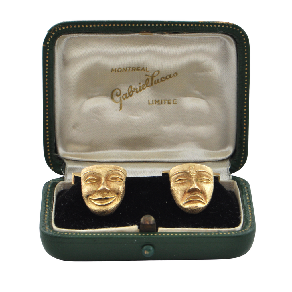 Vintage 18K Yellow Gold Comedy And Tragedy Mask Cufflinks C.1950 + Montreal Estate Jewelers