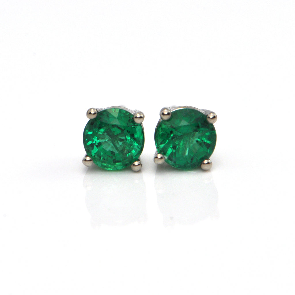 1.07 CT Round Faceted Zambian Emerald Stud Earrings + Montreal Estate Jewelers