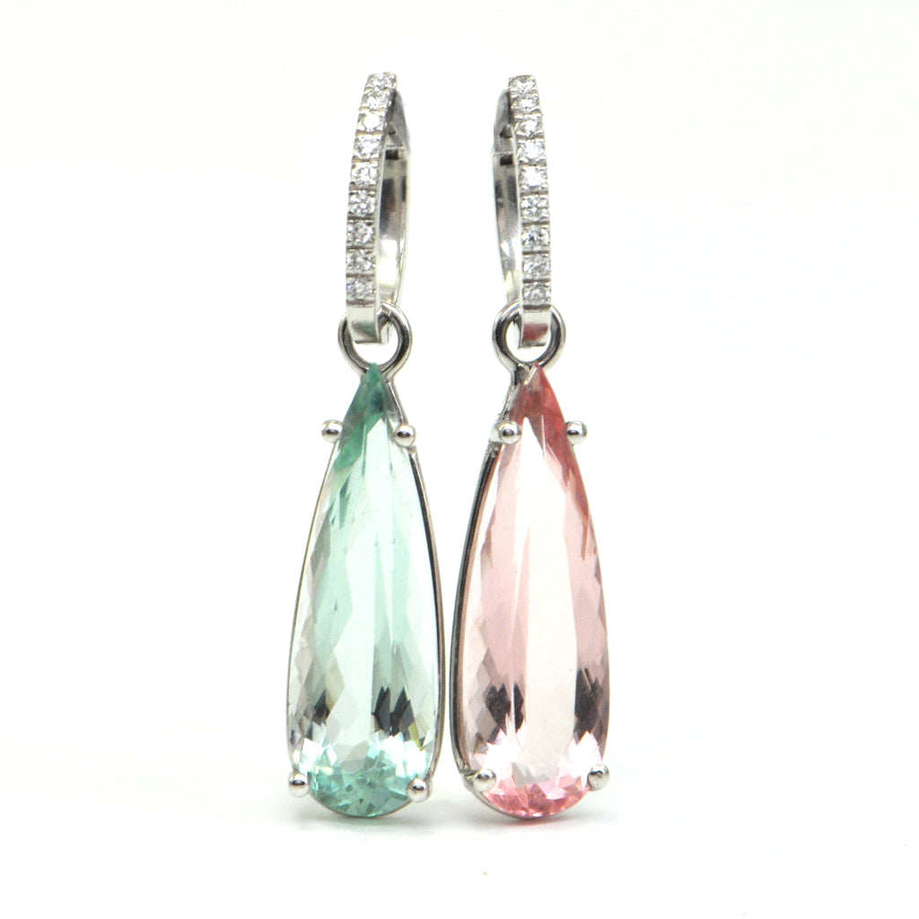0.16 ct Diamond hoop earrings with 9.75ct Aquamarine and Morganite enhancers - Montreal jewellery design