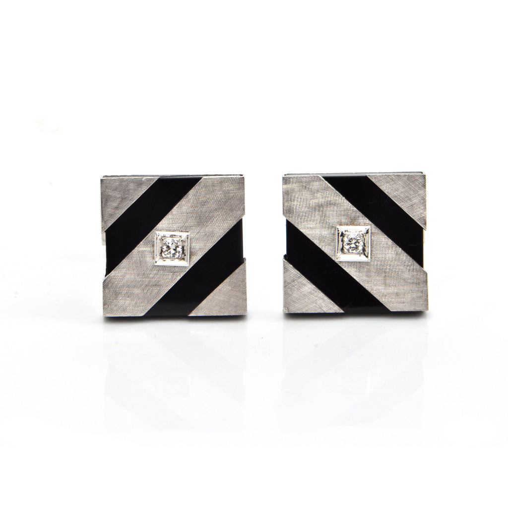 Vintage 14K  White Gold and Onyx Cufflinks with 0.16CT in Diamonds  + Montreal Estate Jewelers