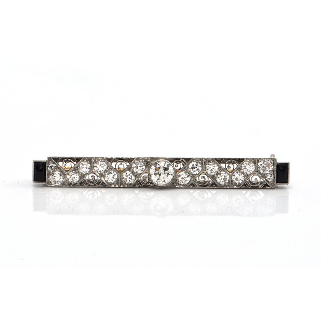 Art Deco Tiffany & CO 1.32 CT Diamond and Onyx Bar Platinum Pin C.1920 + Montreal Estate Jewelers