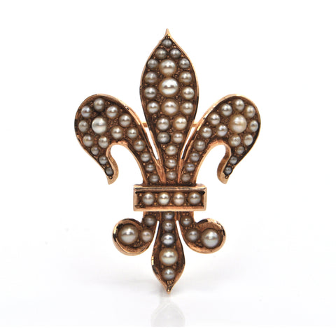 French 14K Yellow Gold and Seed Pearl Fleurs de Lys Brooch/Pendant C.1880 + Montreal Estate Jewelers