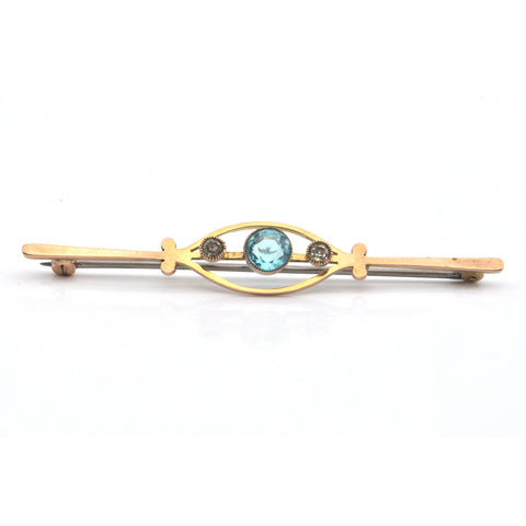 1.2CT Blue and 0.22CT White Zircon 9K Yellow Gold Brooch C.1920 + Montreal Estate Jewelers