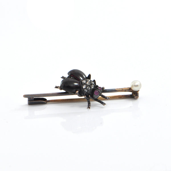 French Garnet, Diamond and Pink Sapphire Fly 18K Gold Pin C.1880 + Montreal Estate Jewelers