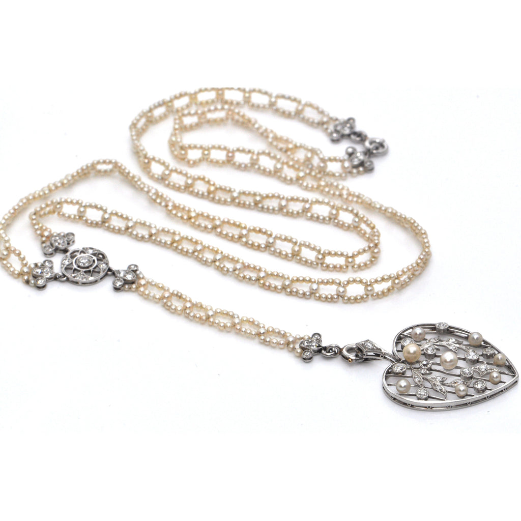 Edwardian Seed Pearl and Diamond Necklace with Detachable Heart Pendant C. 1900 + Montreal Estate Jewelers