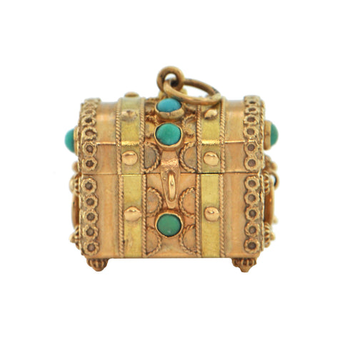 18k Yellow Gold and Turquoise Treasure Chest Charm  + Montreal Estate Jewelers