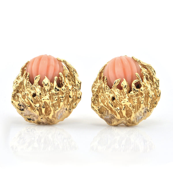 Vintage Coral and 18K Yellow Gold Earrings + Montreal Estate Jewelers