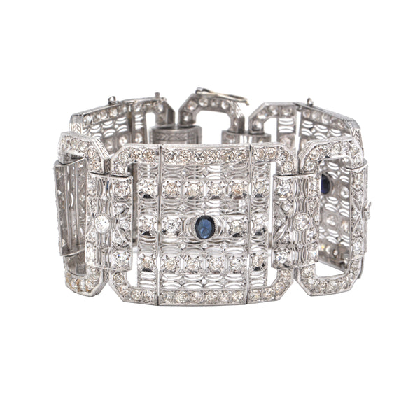 Antique Art Deco Platinum 11.64ct Diamond and Sapphire Panel Bracelet + Montreal Estate Jewelers