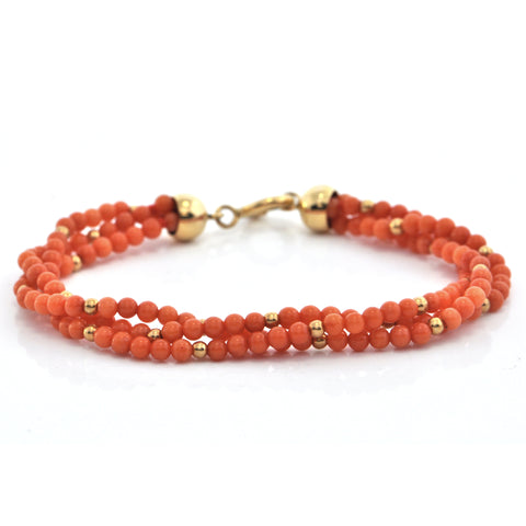 Vintage Multi-Strand Coral and 18K Yellow Gold Beaded Bracelet + Montreal Estate Jewelers
