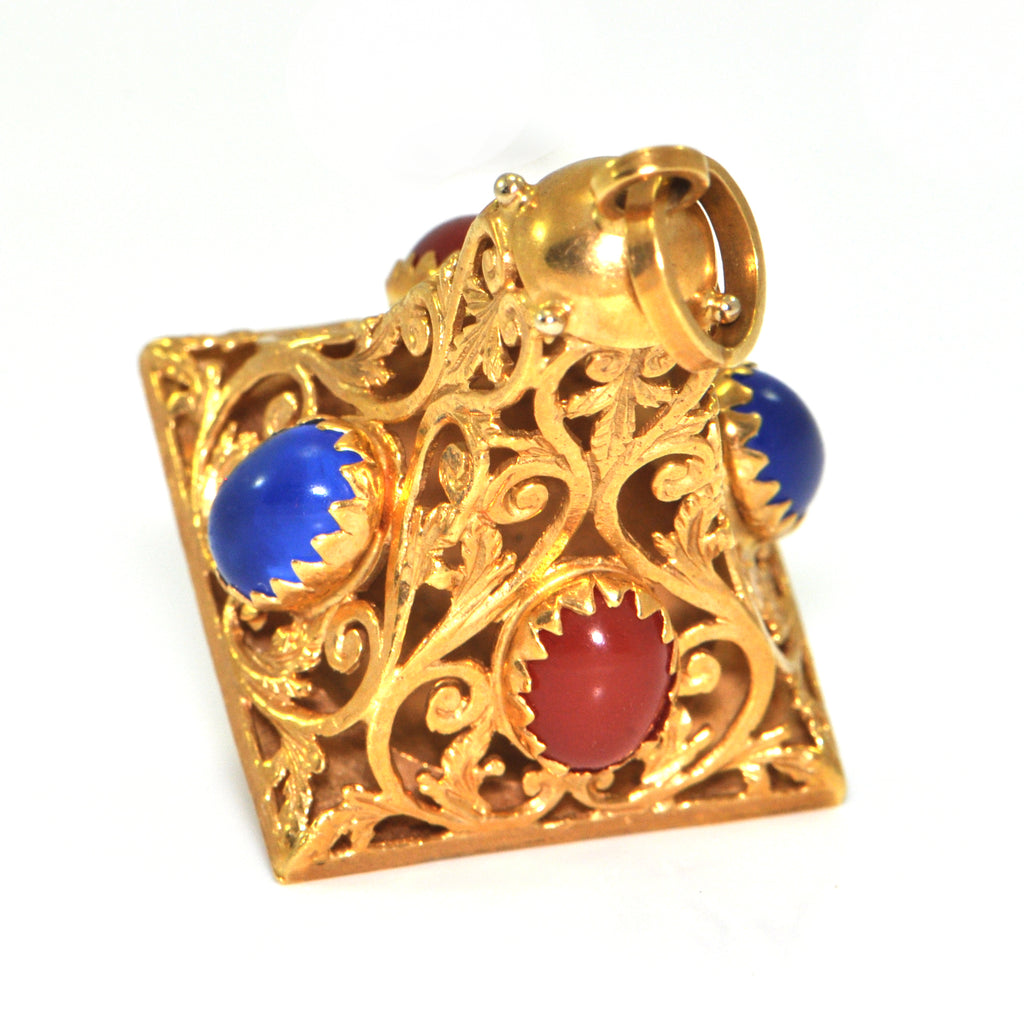 Vintage Lantern charm, 18K yellow gold with red and blue glass + Estate Jewelers