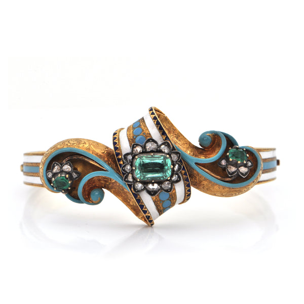 Austro-Hungarian Emerald and Diamond Enameled 18K Gold Bangle Bracelet C. 1860 + Montreal Estate Jewelers