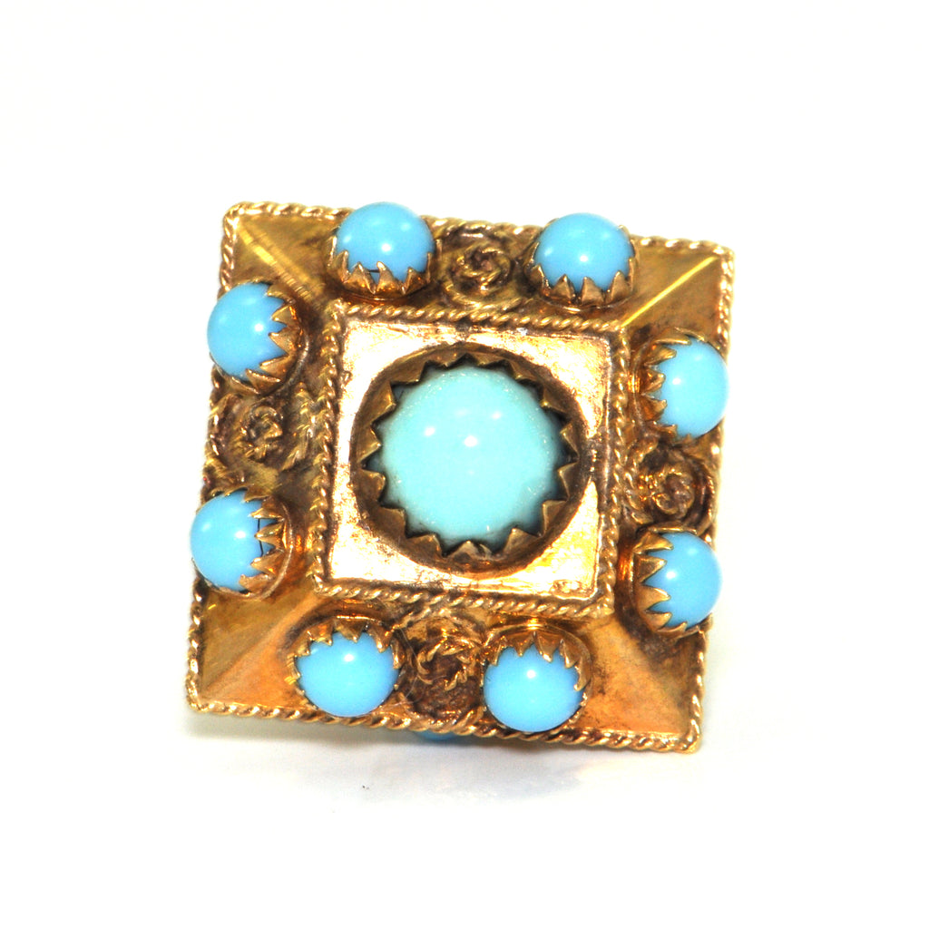 Vintage Lantern charm, turquoise coloured blue glass in 18K yellow gold + Estate Jewelers