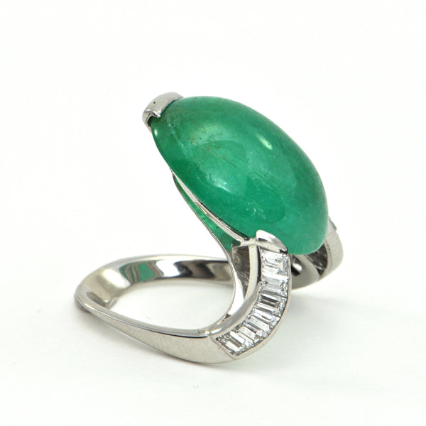 20.1ct Emerald Cabochon and 1.1ct Diamond Retro Platinum Ring - montreal estate jewellers