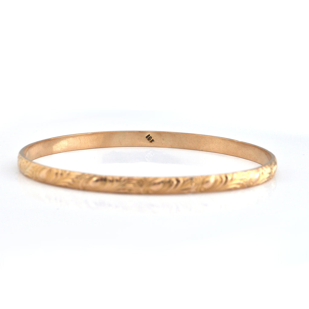 Vintage 18K Yellow Gold Bangle Bracelet with Leaf Motif + Montreal Estate Jewelers