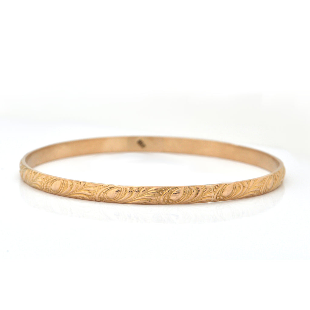 Vintage 18K Yellow Gold Bangle Bracelet with Leaf Motif + Montreal Estate Jewelers