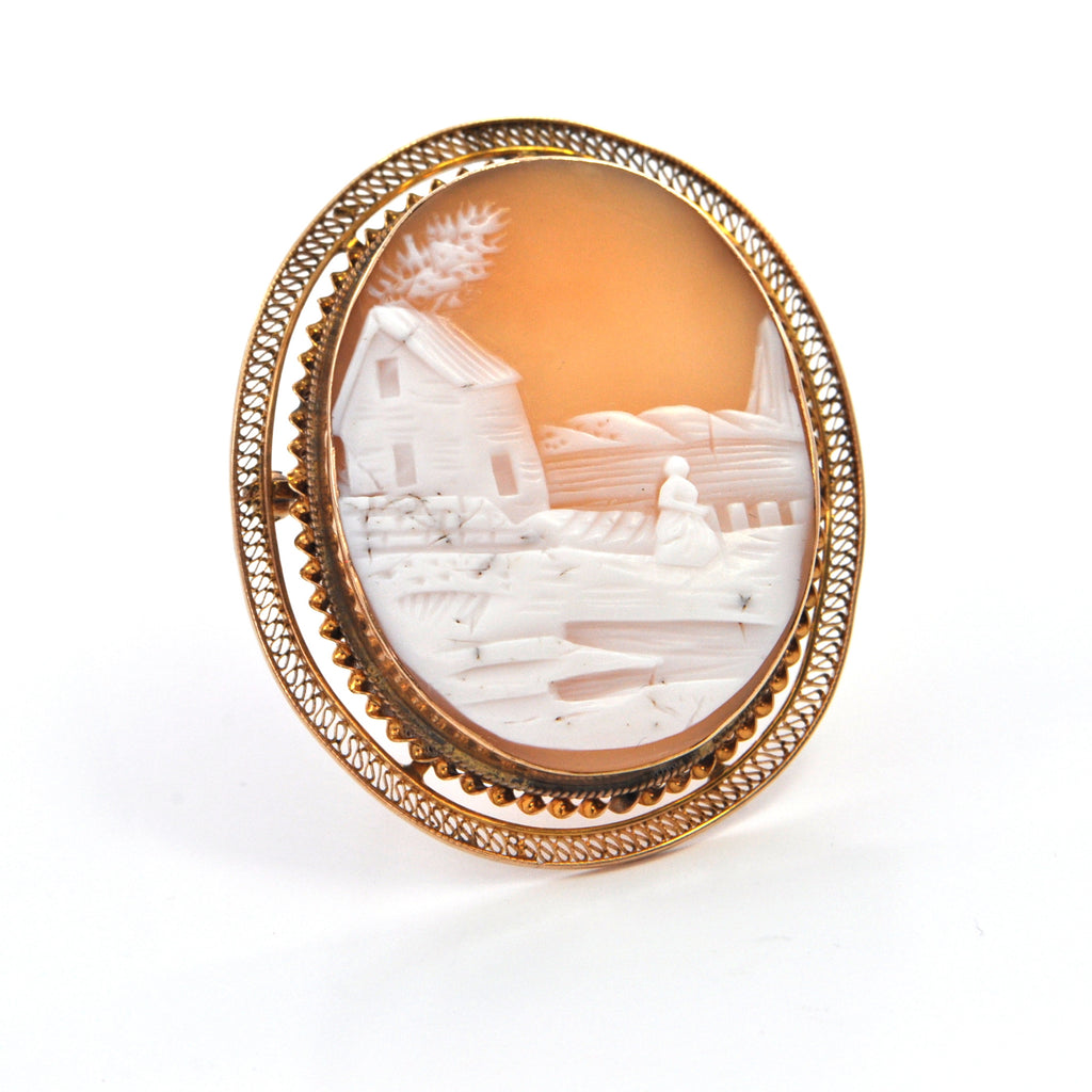 Vintage Scenic Shell Cameo Brooch/Pendant 10k Yellow Gold, Montreal Estate Jewellers