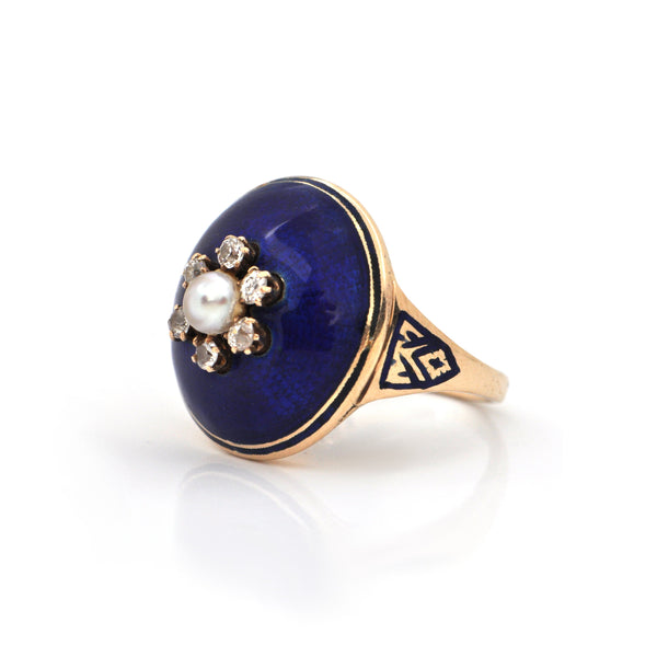 Antique 0.25CT Diamond and Pearl 14K Gold Ring with Enamel C. 1850 + Montreal Estate Jewelers