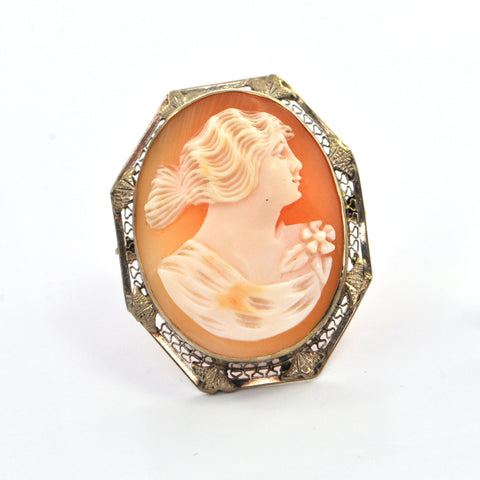 Vintage Shell Cameo Pendant/Brooch of Lady with Flowing Hair in 14k White Gold, montreal estate jewellers