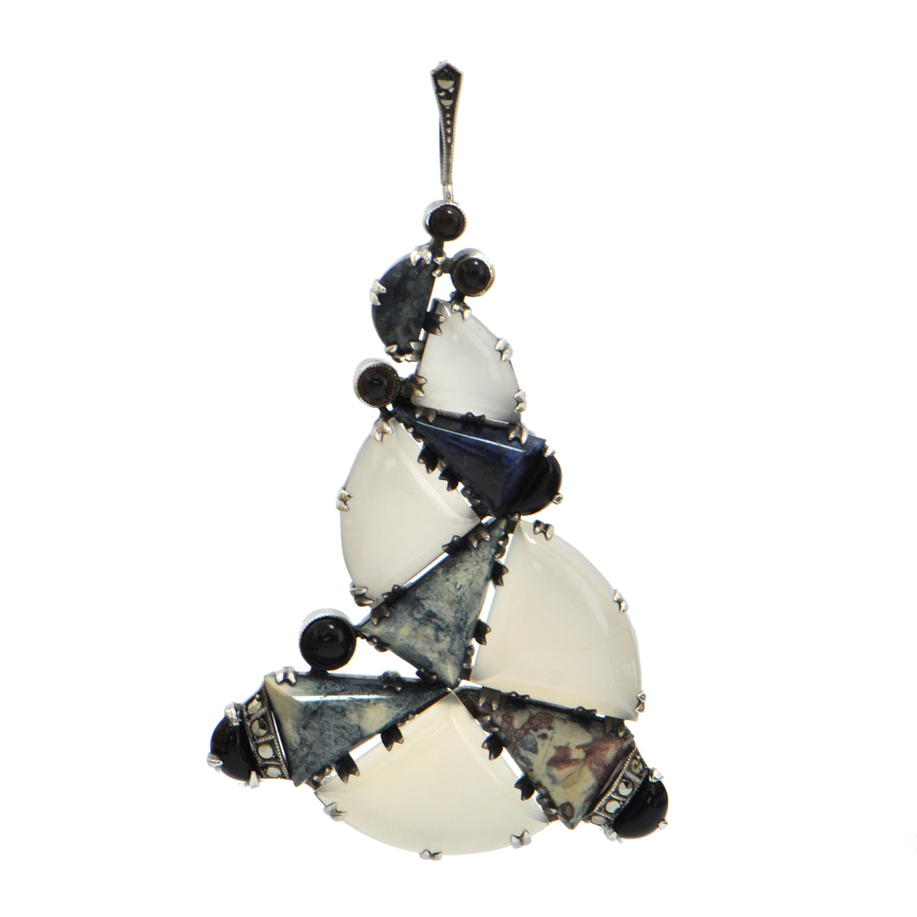 German Art Deco Marble, Chalcedony Sterling Silver Pendant C.1920-1930 + Montreal Estate Jewelers