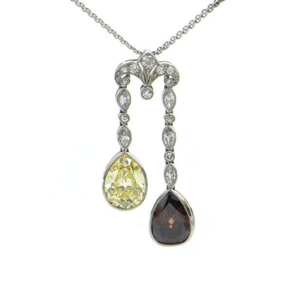 Art Deco 1.80ct Fancy Yellow and 1.54ct Fancy Brown Diamond pendant in Platinum C.1925 - GIA certified + Montreal Estate Jewlers
