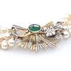 Retro Three Strand Pearl Necklace with Platinum and 18K Yellow Gold 11CT Emerald and Seed Pearl Clasp C.1950 + Montreal Estate Jewelers