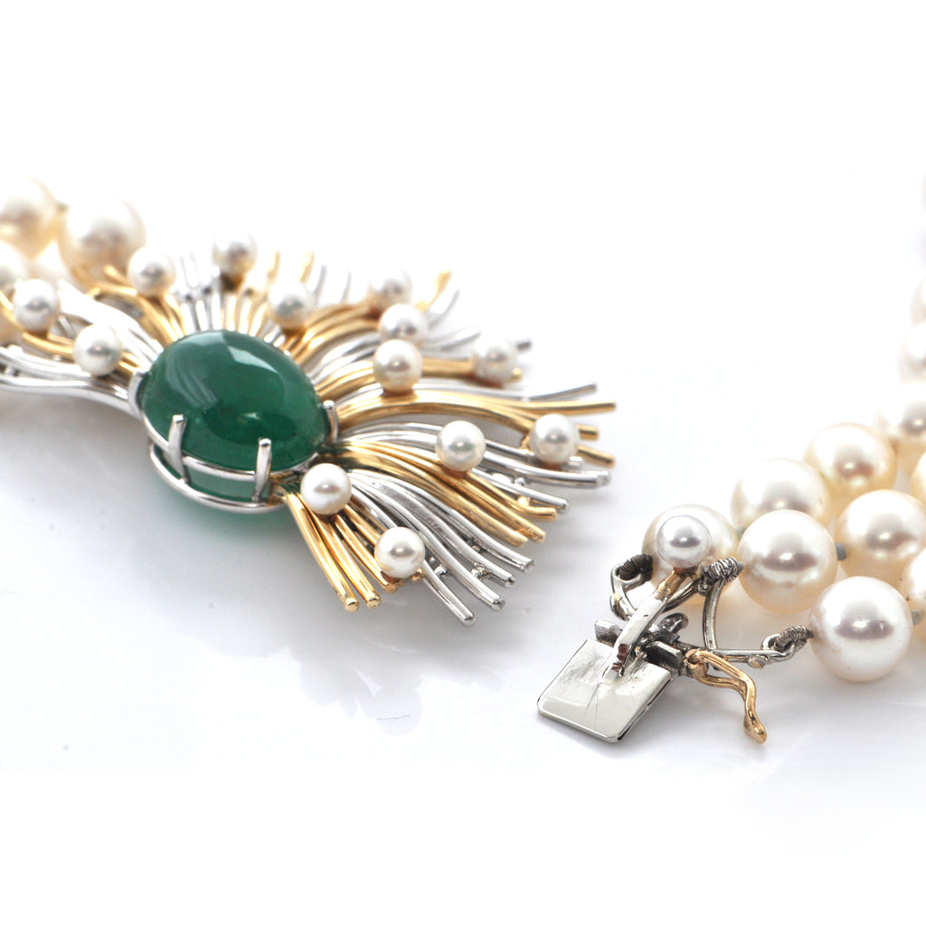 Retro Three Strand Pearl Necklace with Platinum and 18K Yellow Gold 11CT Emerald and Seed Pearl Clasp C.1950 + Montreal Estate Jewelers