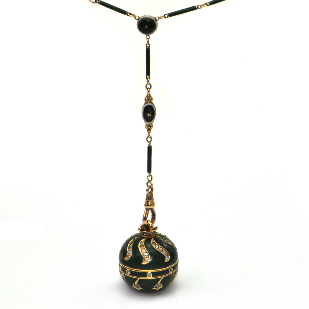 Antique French Green Enamel 18K Yellow Gold Ball Watch on Necklace C.1860-1880 + Montreal Estate Jewelers