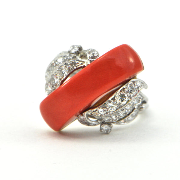 Vintage Coral and 0.50ct Diamond ring circa 1960 - montreal estate jeweller