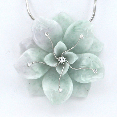Hand Carved Jadeite Jade Flower and Diamonds Necklace  - Daisy Exclusive - Westmount, Montreal