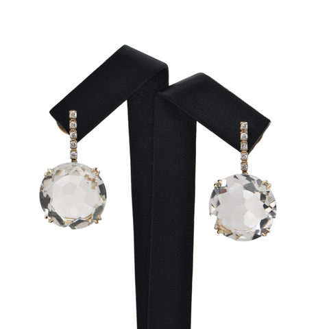 Vintage Rock Crystal and Diamond 18k Yellow Gold Drop Earrings + Montreal Estate Jewelers