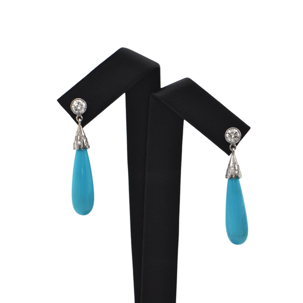 Daisy Exclusive Turquoise and Diamond 18K White Gold Drop Earrings + Montreal Estate Jewelers