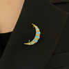 Antique Opal and Diamond 18K Yellow Gold Crescent Moon Brooch