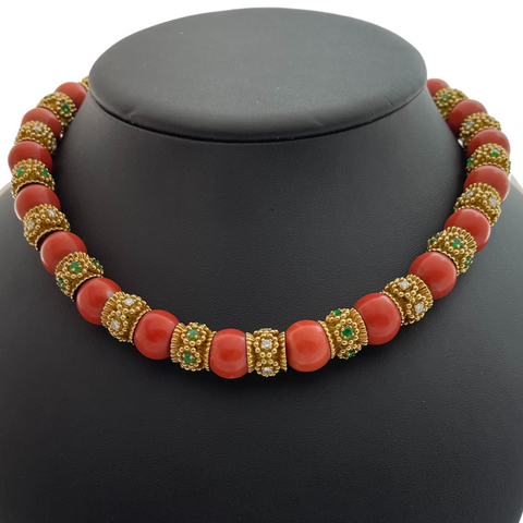 Vintage Mediterranean Coral Emerald and Diamond Necklace + Montreal Estate Jewelers