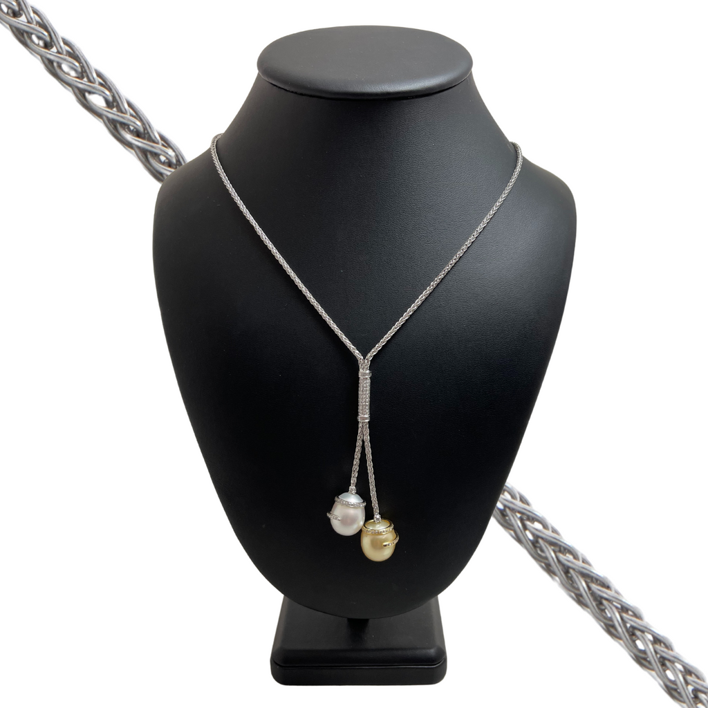 Vintage Italian South Sea Pearl and Diamond 18k Gold Lariat Necklace + Montreal Estate Jewelers