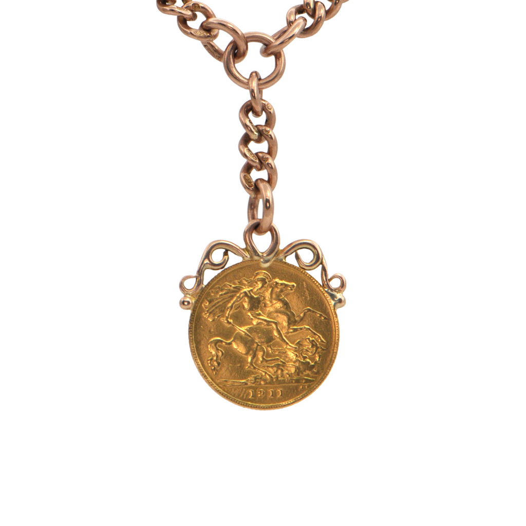 Antique English 9k Gold Watch Chain Necklace with 1911 Sovereign Coin Pendant + Montreal Estate Jewelers